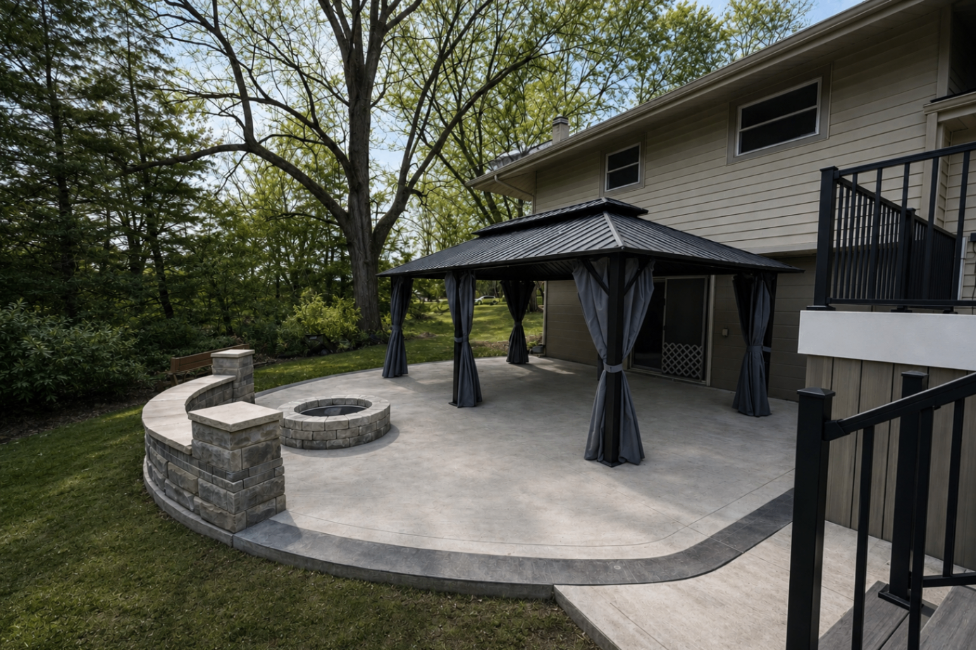 Stamped concrete patio with firepit and gazebo in Medina, OH